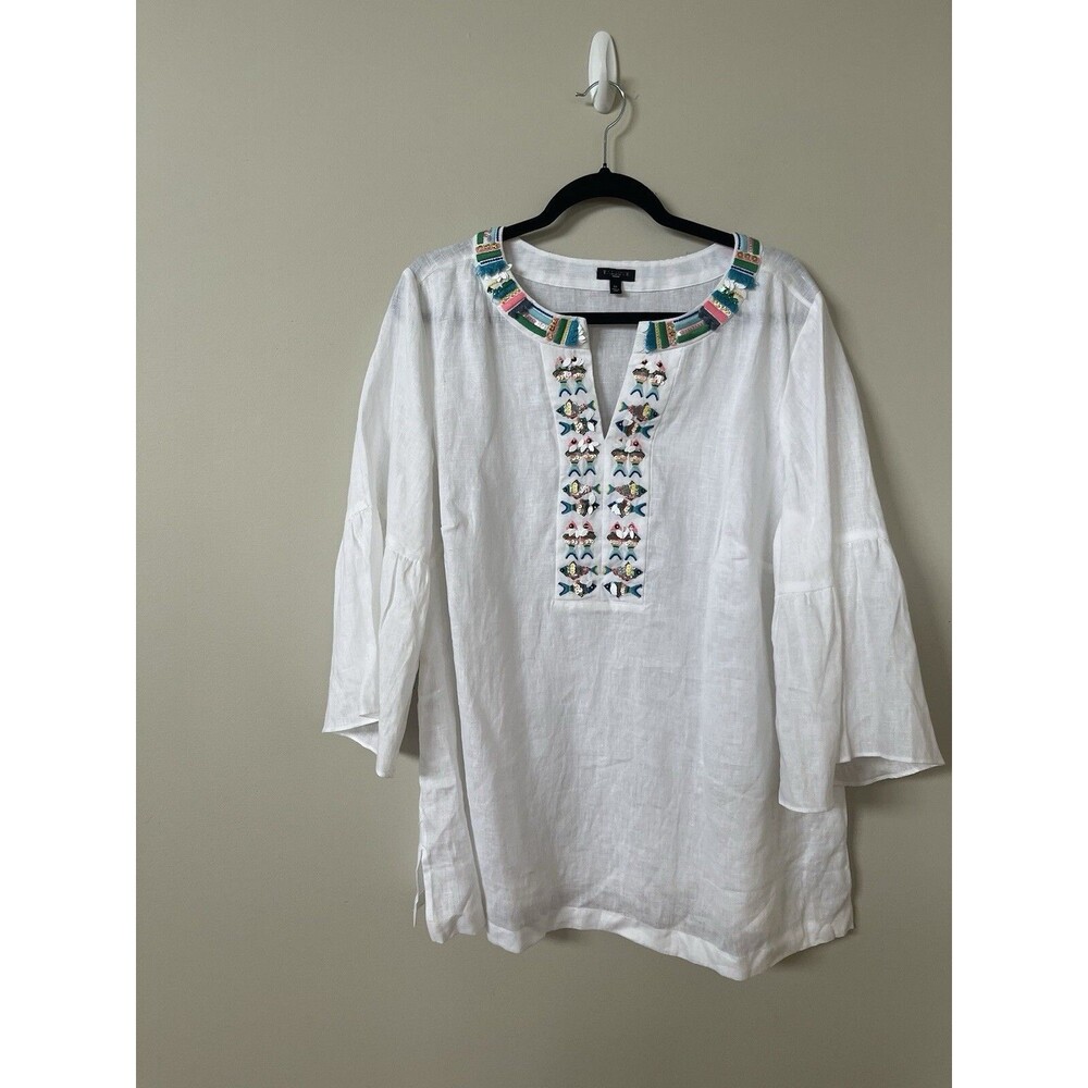 Talbots Top Women Linen Fish Embellished Tunic White Preppy Blouse Sz 1X New